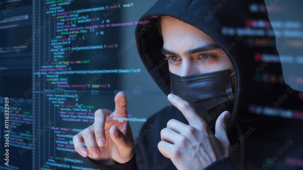 Poster a masked individual interacts with code on a screen, suggesting a hacker or programmer scenario.