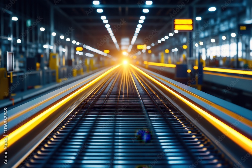 Poster a vibrant railway scene captures the perspective of train tracks leading towards a bright light, con