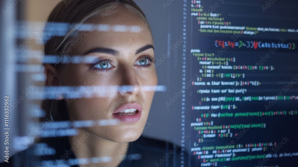 Poster woman focused on coding displayed on a screen, showcasing technology and programming.