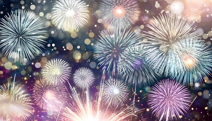 Fototapeta premium Fireworks, Celebration, Night, Sky, Bright, Colorful, Sparkle, Explosion, Festive, New Year, Holiday, Party, Light, Burst, Display, Vibrant, Spectacular, Glow, Radiant, Shimmer, Bokeh, Background, Gli