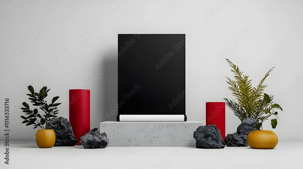 Poster blank backlit roll up display mockup in a clean minimalist photography studio setup with high key li