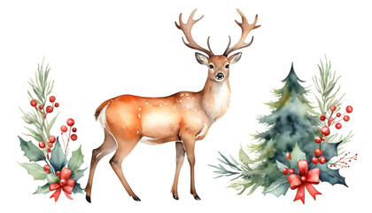 Watercolor deer with holiday greenery