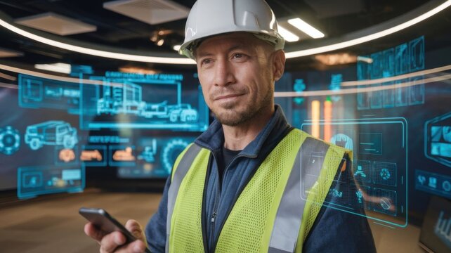 A construction worker using a smartphone with digital overlays in a modern workspace.