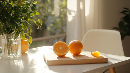 A wooden chopping board sat next to a white dining table with chair, where a juicy orange was being cut for a citrus juice rich in vitamin C, boosting immunity