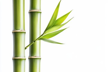 Obraz premium Two green bamboo stalks with fresh leaves growing from the nodes