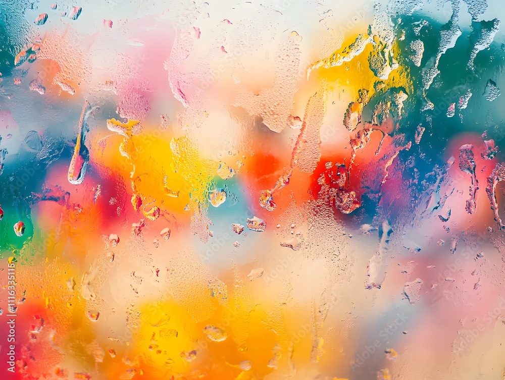 Poster colorful abstract background with blurred shapes and water drops on a window, creating a dreamy and 