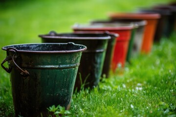 Naklejka premium A vibrant row of assorted colored weathered metal buckets is aligned in descending order on a lush green grass field, evoking a nostalgic country feel.