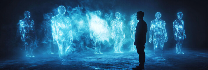 A person standing before a mirror, seeing multiple reflections of their ancestors in glowing forms, each one representing different parts of their identity. 