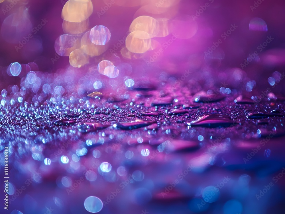 Poster vibrant abstract water droplets on a sparkling surface with bokeh effect in shades of purple and blu
