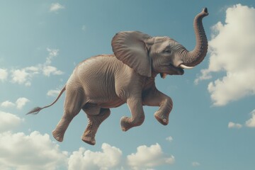 Obraz premium This image features a large elephant in a whimsical, surreal setting, appearing to soar gracefully among the fluffy clouds against a serene blue sky.