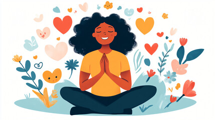 A person practicing self-compassion, surrounded by symbols of self-love and care, representing emotional healing and mental well-being.
