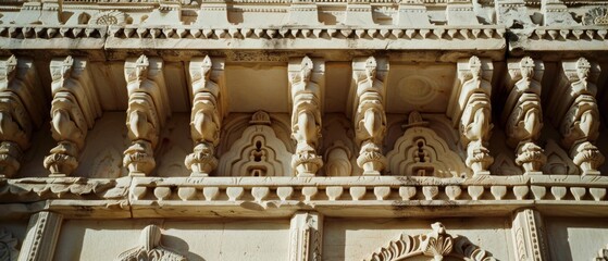 Fototapeta premium Ornate stone carvings line an ancient wall, showcasing intricate designs and cultural heritage.