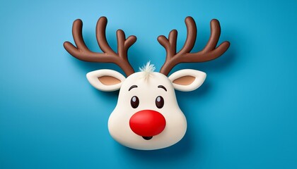 Cartoon reindeer head with red nose, white face, and brown antlers on a soft blue background, perfect for holiday decorations and graphics