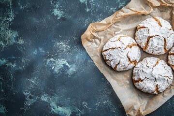 appetizing crinkle cookies on parchment on a dark background