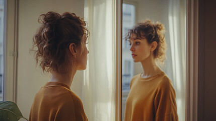 A person practicing self-compassion while standing in front of a mirror, reflecting on their emotions and offering themselves kindness and understanding.