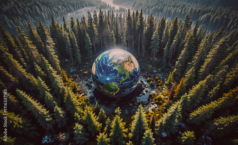 Poster large globe is in the middle of a forest. the globe is surrounded by trees and is the center of atte