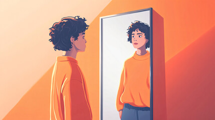 A person practicing self-compassion while standing in front of a mirror, reflecting on their emotions and offering themselves kindness and understanding.