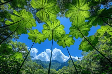 Fototapeta premium Majestic Rainforest: Giant Leaves and Lush Greenery Under a Blue Sky
