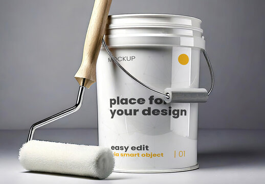 Plastic Paint Bucket with a Painter Roller Mockup