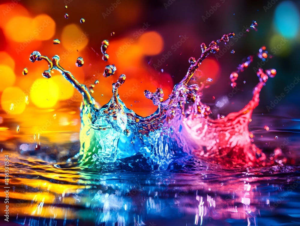 Poster colorful water splash with vibrant reflections and bokeh effect captured in an artistic and dynamic 