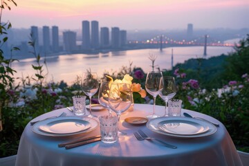 Fototapeta premium Romantic Dinner with a City Skyline View