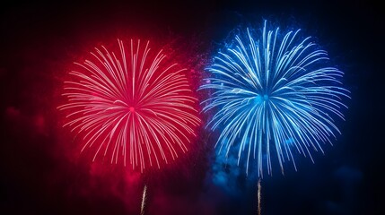 Red and blue fireworks display at night.