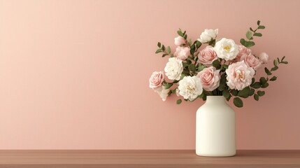 Fototapeta premium A soft pink background complements a delicate bouquet of white and pink flowers in a simple white vase, creating a serene and elegant aesthetic.