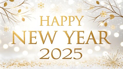 Obraz premium Happy New Year golden 2025 Text Design white golden lights post, JPG, AI GENERATED