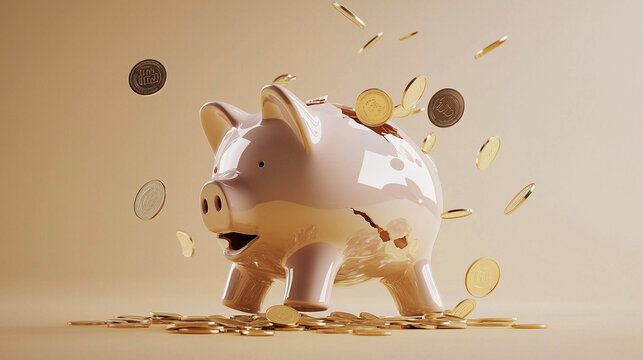 Broken piggy bank with coins scattered around, symbolizing financial struggle and the need for careful budgeting and saving.