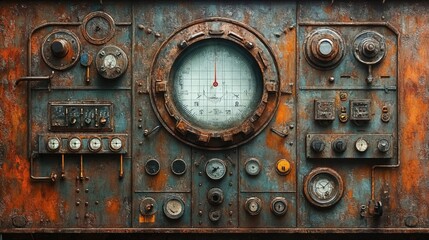 Vintage industrial control panel with rusty patina, featuring numerous gauges, dials, and meters arranged around central circular display, creating steampunk aesthetic