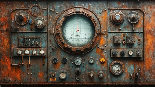 Vintage industrial control panel with rusty patina, featuring numerous gauges, dials, and meters arranged around central circular display, creating steampunk aesthetic
