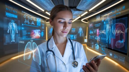 A healthcare professional interacts with digital medical data in a futuristic environment.