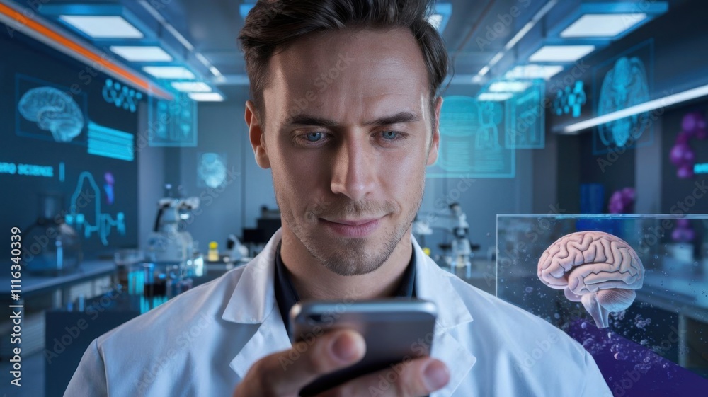 Poster a scientist examines data on a smartphone in a high-tech lab with brain visuals.