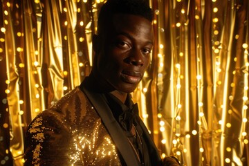 Young male performer in gold sequins on stage with spotlights shining behind him, suggesting a sense of luxury and glamour.