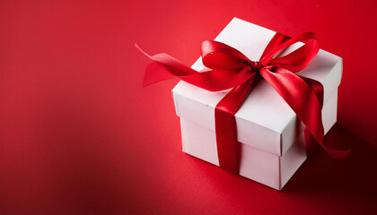 Obraz premium White gift box with red ribbon on bright red
