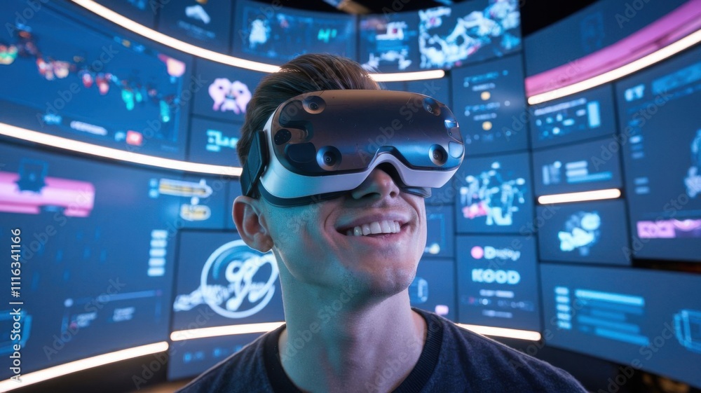Poster a person wearing vr goggles smiles in front of multiple digital screens displaying data.