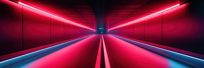 A futuristic corridor illuminated by vibrant pink and blue neon lights.