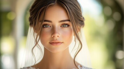 Fototapeta premium A close-up portrait of a bride with natural makeup and a veil, exuding elegance and beauty.