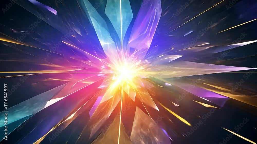 Aufkleber Prismatic Explosion: A vibrant burst of multicolored crystals explodes outward, radiating light and energy in an abstract digital art piece.  