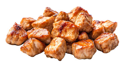 Grilled chicken pieces with a smoky glaze, arranged on a white background.