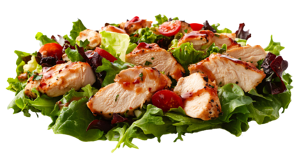 Grilled chicken salad with mixed greens and a light dressing, on a white background