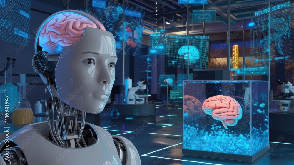 Poster a futuristic lab featuring a robot and a brain display, emphasizing neuroscience and technology.