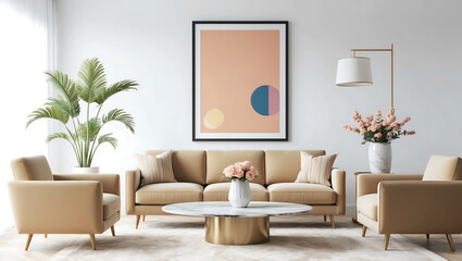 Fototapeta premium Minimalist living room interior have sofa and decor accessories with white color wall. Beautiful frame mock up.