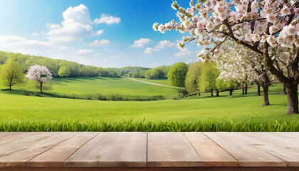 Wooden tabletop spring landscape