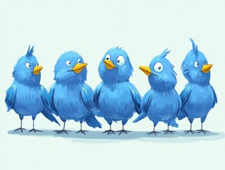 Obraz premium Cartoon birds standing side by side with beaks open and eyes looking upwards.