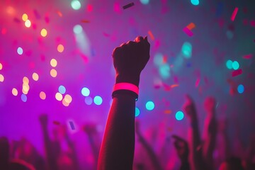 Vibrant Party Atmosphere with Colorful Confetti Falling Over Raised Hands at a Concert, Capturing the Excitement of Live Music and Celebration