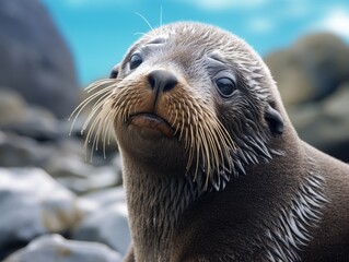 Naklejka premium A curious sea otter looking out at the ocean with a rocky shore in the background.