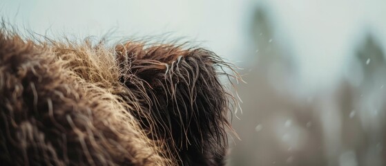 Close-up of an animal's furry coat, with soft-focus forest and faint snowflakes in the background creating an intimate, wintry scene.