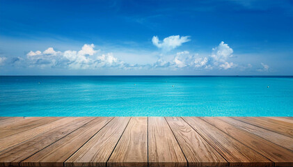 Obraz premium Tablero de madera tabla vacía delante del fondo azul del mar y del cielo. Perspectiva de piso de madera sobre el mar y el cielo 