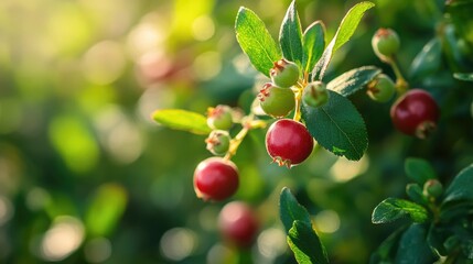 Fresh organic red berries growing on bush in sunlit environment, ideal for food and beverages.